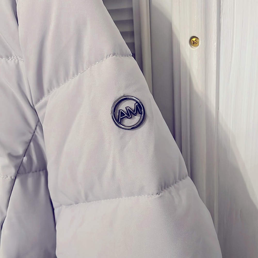 Long winter coat. Light grey with hood